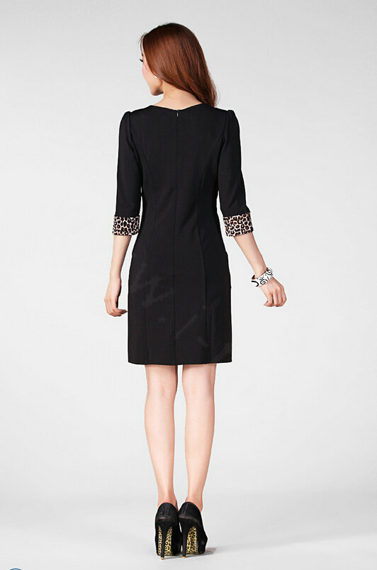 Classy Dresses Fall Women Three-Quarter Sleeve Leopard Print Plus Size - Black