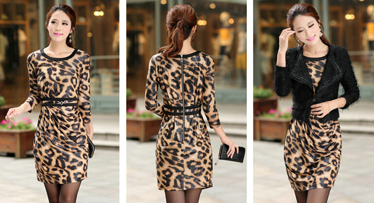 Classy Dresses Fall Women Three-Quarter Sleeve Leopard Print Tunic - Brown