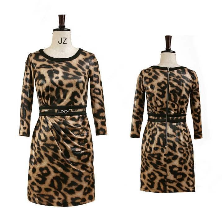 Classy Dresses Fall Women Three-Quarter Sleeve Leopard Print Tunic - Brown