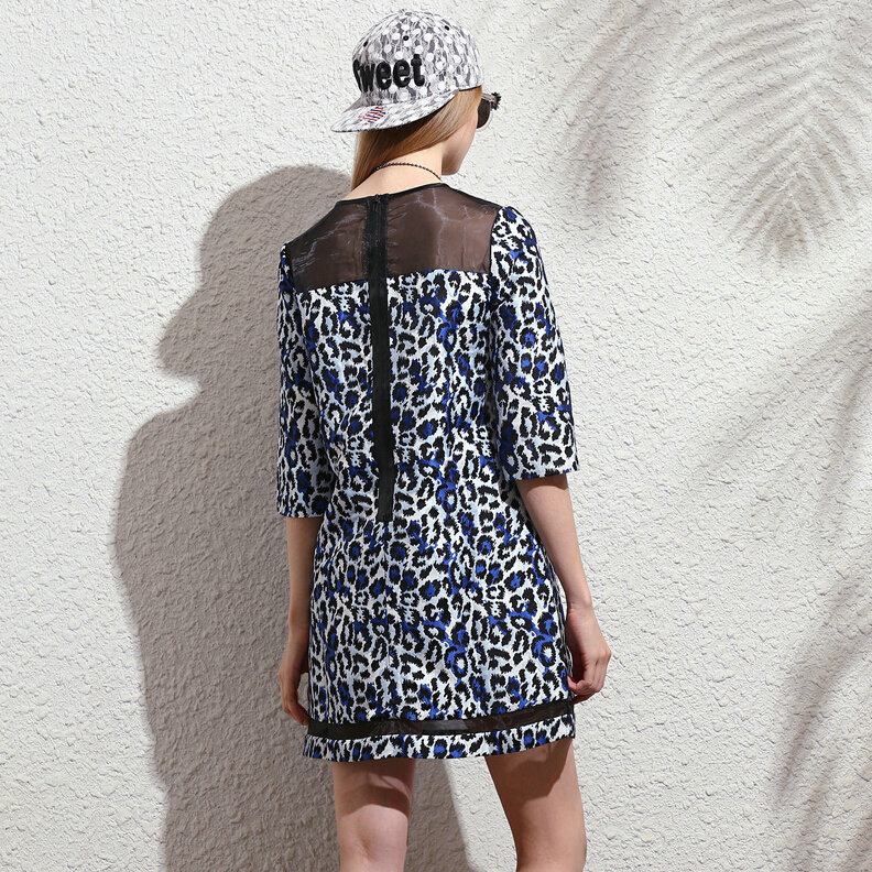 Classy Dresses Fall Women Three-Quarter Sleeve Leopard Print Zipper - Blue