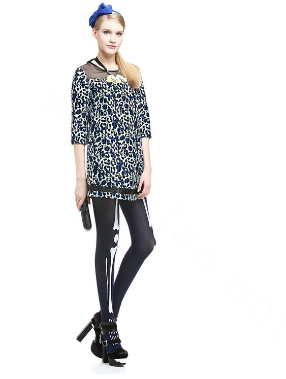 Classy Dresses Fall Women Three-Quarter Sleeve Leopard Print Zipper - Blue