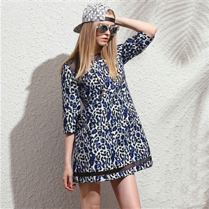 Classy Dresses Fall Women Three-Quarter Sleeve Leopard Print Zipper - Blue