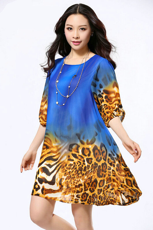 Classy Dresses Summer Female Skirts Leopard Print Plus Size Lantern Sleeve - Royal Blue