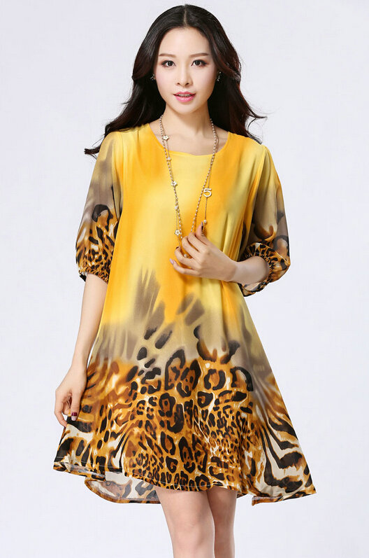 Classy Dresses Summer Female Skirts Leopard Print Plus Size Lantern Sleeve - Yellow