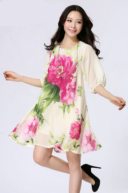 Classy Dresses Summer Female Skirts Printed Plus Size Lantern Sleeve - Beige