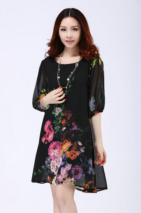 Classy Dresses Summer Female Skirts Printed Plus Size Lantern Sleeve - Black