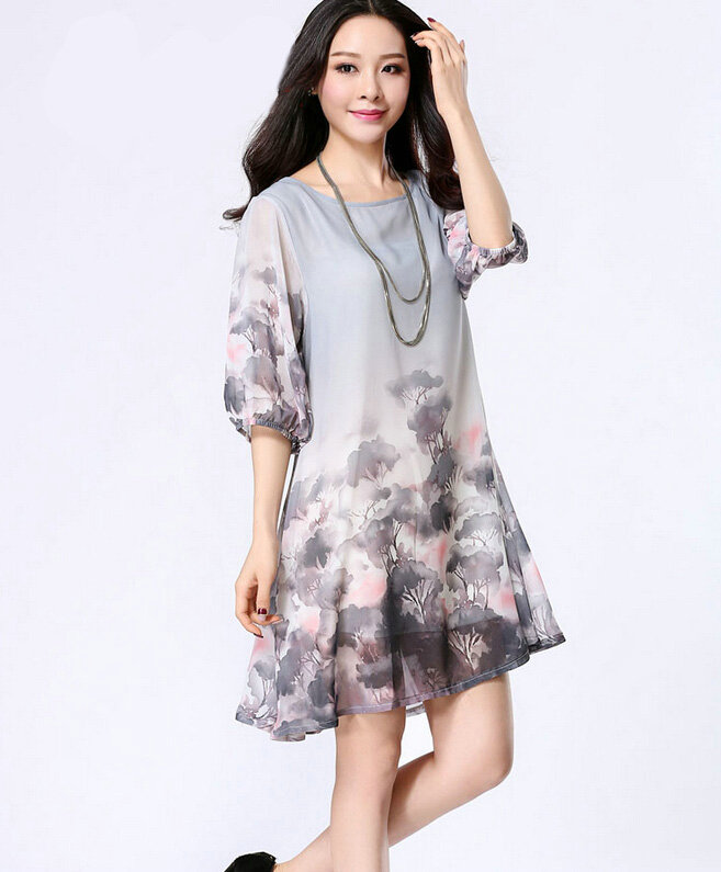 Classy Dresses Summer Female Skirts Printed Plus Size Lantern Sleeve - Grey