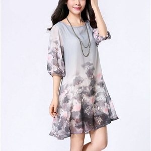 Classy Dresses Summer Female Skirts Printed Plus Size Lantern Sleeve - Grey