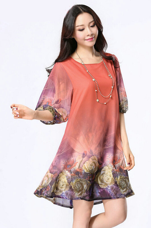 Classy Dresses Summer Female Skirts Printed Plus Size Lantern Sleeve - Orange