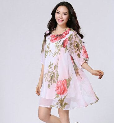 Classy Dresses Summer Female Skirts Printed Plus Size Lantern Sleeve - Pink
