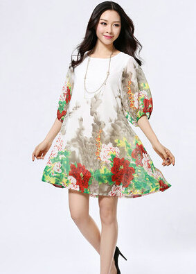 Classy Dresses Summer Female Skirts Printed Plus Size Lantern Sleeve - White Red