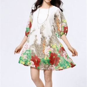 Classy Dresses Summer Female Skirts Printed Plus Size Lantern Sleeve - White Red