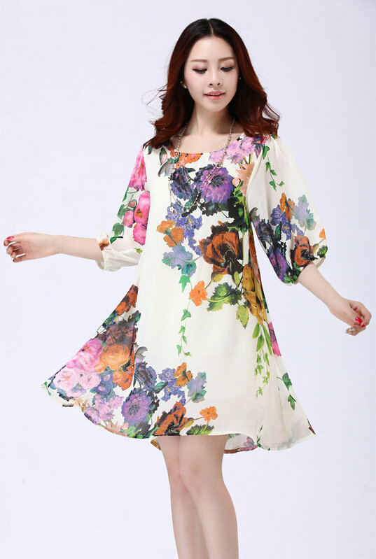 Classy Dresses Summer Female Skirts Printed Plus Size Lantern Sleeve - White