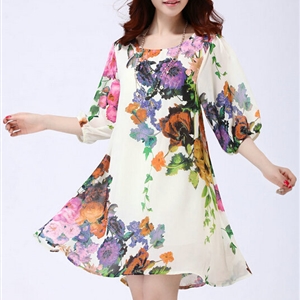 Classy Dresses Summer Female Skirts Printed Plus Size Lantern Sleeve - White