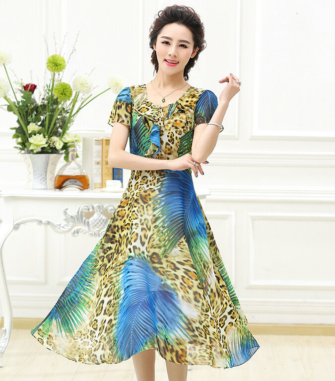 Classy Dresses Summer Women Skirts Leopard Print Knee Length - Blue