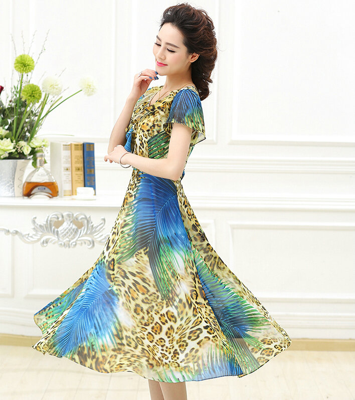 Classy Dresses Summer Women Skirts Leopard Print Knee Length - Blue