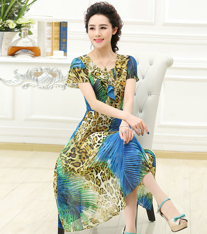 Classy Dresses Summer Women Skirts Leopard Print Knee Length - Blue