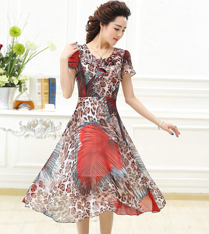 Classy Dresses Summer Women Skirts Leopard Print Knee Length - Red