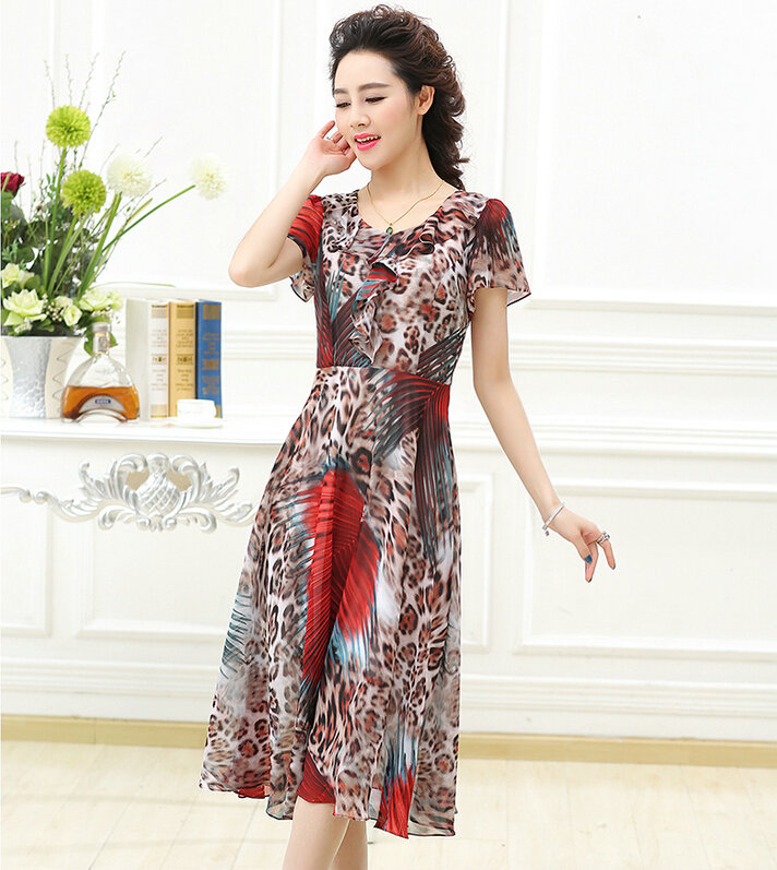 Classy Dresses Summer Women Skirts Leopard Print Knee Length - Red