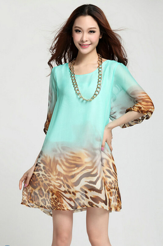 Classy Dresses Summer Women Skirts Leopard Print Plus Size Lantern Sleeve - Green