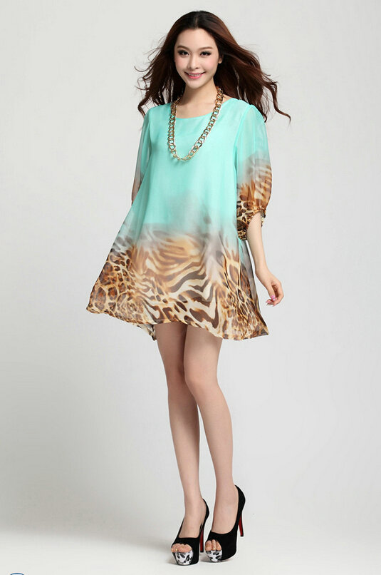 Classy Dresses Summer Women Skirts Leopard Print Plus Size Lantern Sleeve - Green
