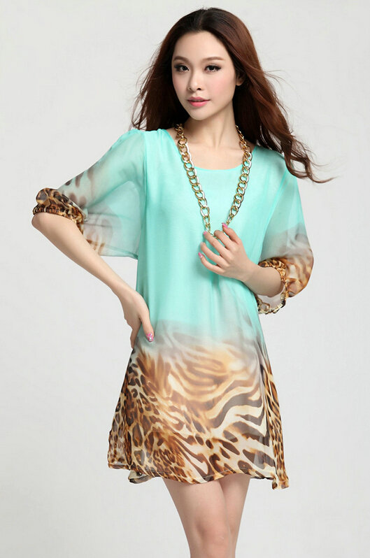 Classy Dresses Summer Women Skirts Leopard Print Plus Size Lantern Sleeve - Green