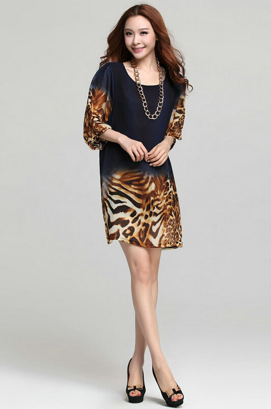 Classy Dresses Summer Women Skirts Leopard Print Plus Size Lantern Sleeve - Royal Blue