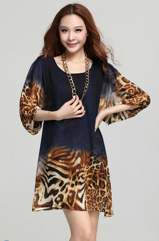 Classy Dresses Summer Women Skirts Leopard Print Plus Size Lantern Sleeve - Royal Blue