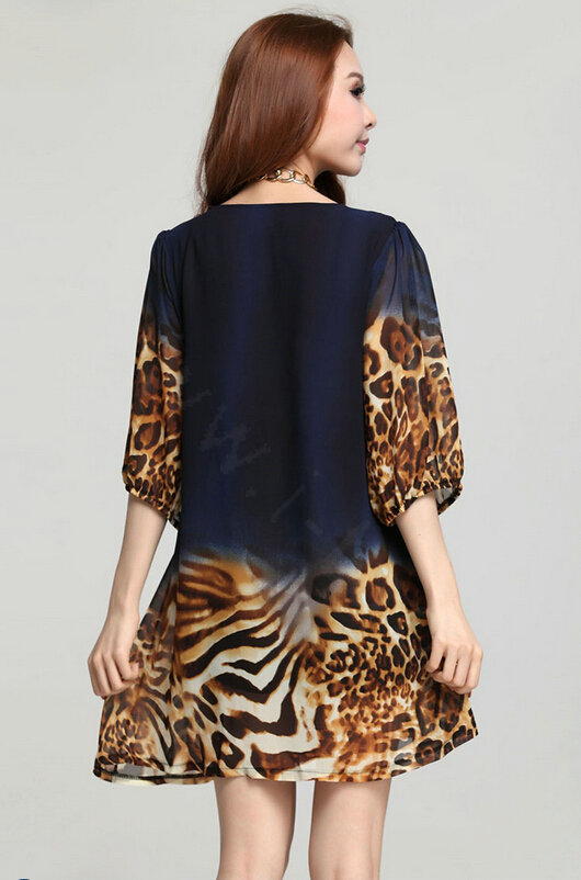Classy Dresses Summer Women Skirts Leopard Print Plus Size Lantern Sleeve - Royal Blue