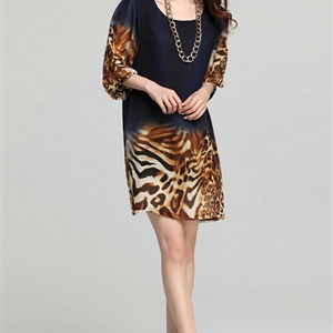 Classy Dresses Summer Women Skirts Leopard Print Plus Size Lantern Sleeve - Royal Blue