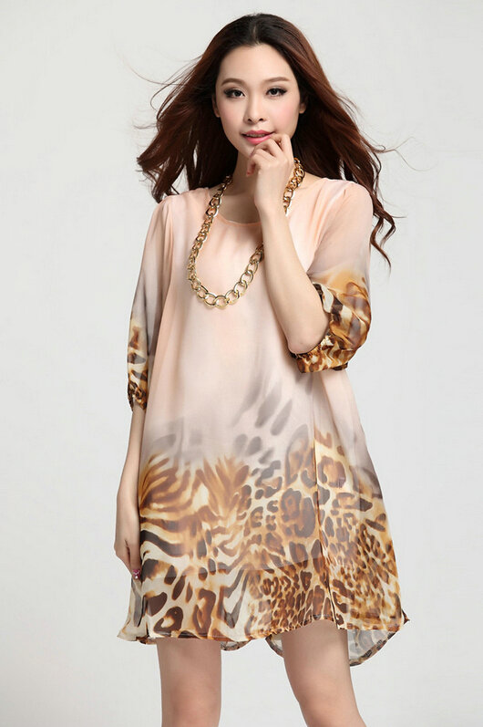 Classy Dresses Summer Women Skirts Leopard Print Plus Size Lantern Sleeve - Yellow