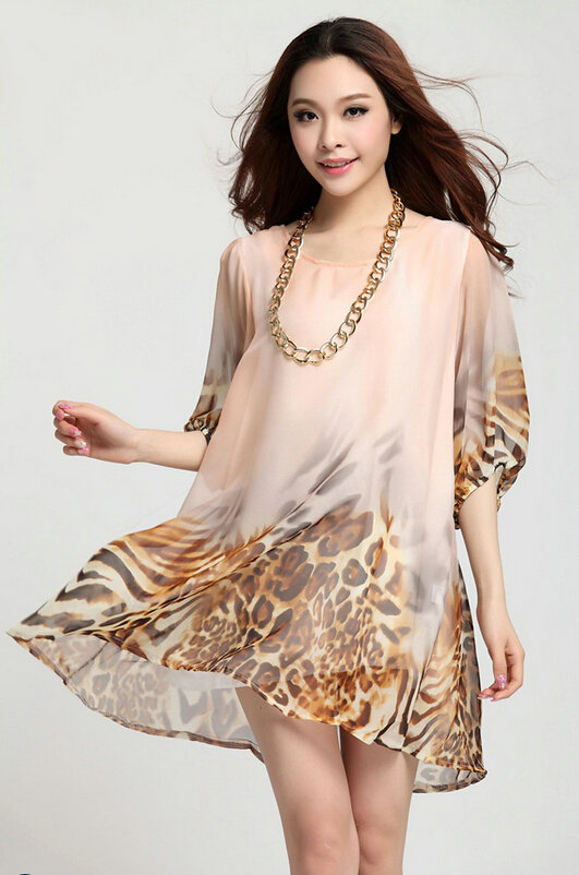 Classy Dresses Summer Women Skirts Leopard Print Plus Size Lantern Sleeve - Yellow