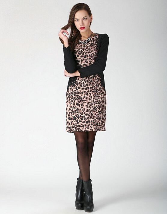 Classy Dresses Winter Ladies Leopard Print Lace Long Sleeved - Black Coffee