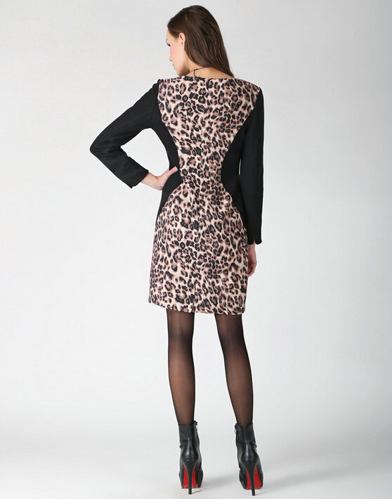 Classy Dresses Winter Ladies Leopard Print Lace Long Sleeved - Black Coffee