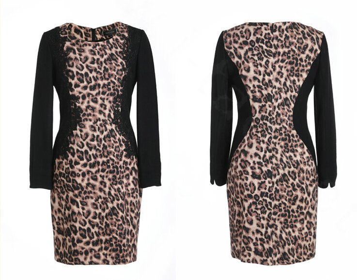Classy Dresses Winter Ladies Leopard Print Lace Long Sleeved - Black Coffee