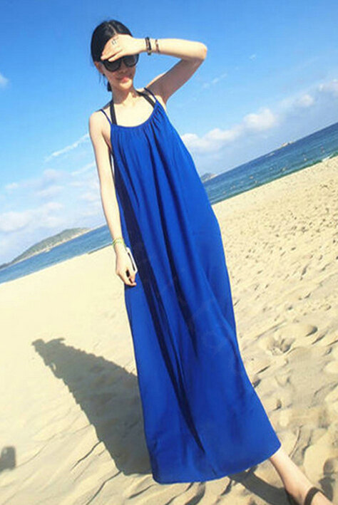 Classy Dresses Winter Ladies Long Skirts Backless Solid Beach Sleeveless - Royal Blue