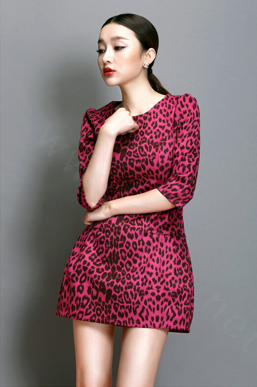 Classy Dresses Winter Ladies Short Skirts Leopard Print Five Sleeved - Rose
