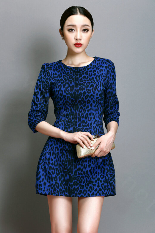 Classy Dresses Winter Ladies Short Skirts Leopard Print Five Sleeved - Royal Blue