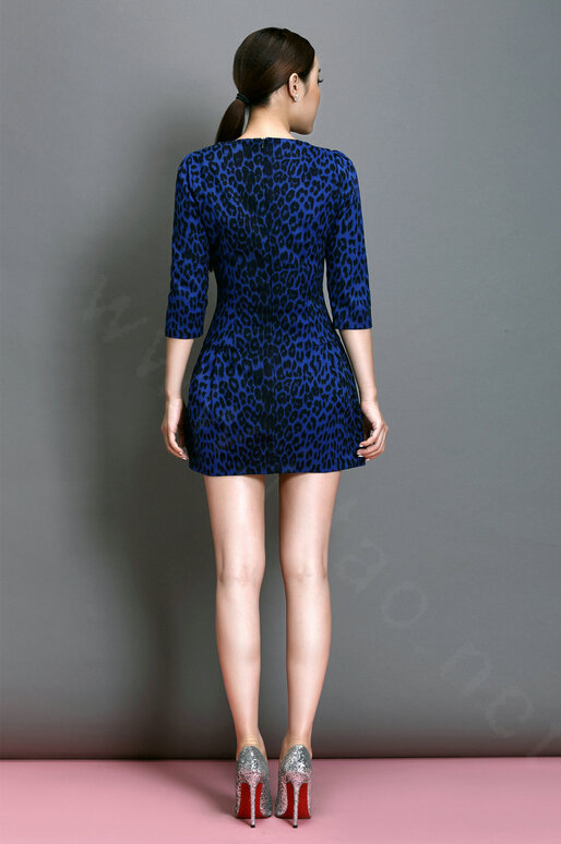 Classy Dresses Winter Ladies Short Skirts Leopard Print Five Sleeved - Royal Blue