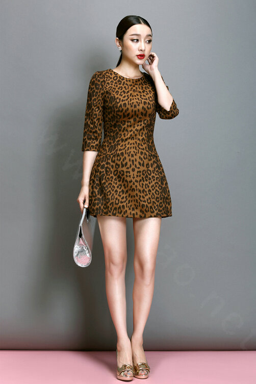 Classy Dresses Winter Ladies Short Skirts Leopard Print Five Sleeved - Yellow