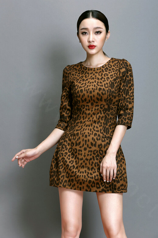 Classy Dresses Winter Ladies Short Skirts Leopard Print Five Sleeved - Yellow