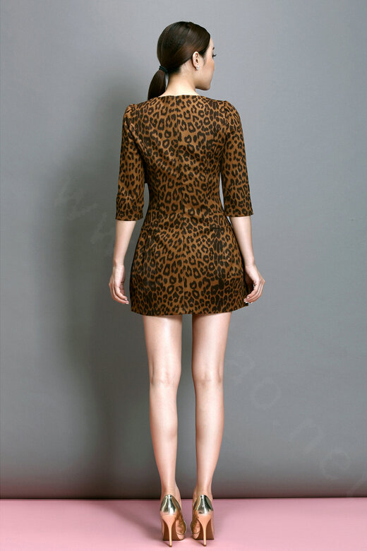 Classy Dresses Winter Ladies Short Skirts Leopard Print Five Sleeved - Yellow