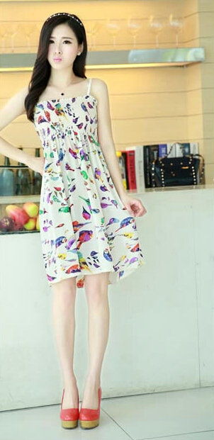 Cute Dresses Summer Girls Sleeveless Bird Short Sundresses - White