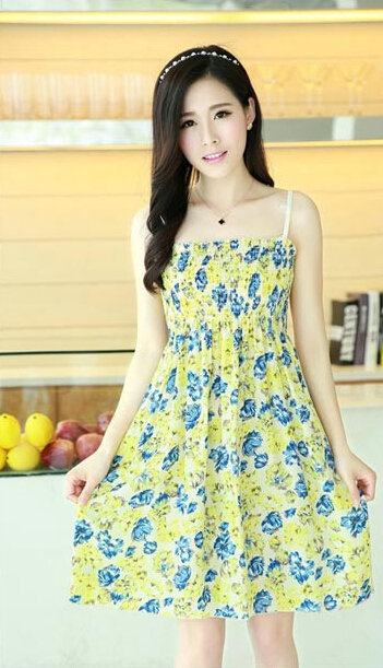 Cute Dresses Summer Girls Sleeveless Floral Short Sundresses - Yellow Blue