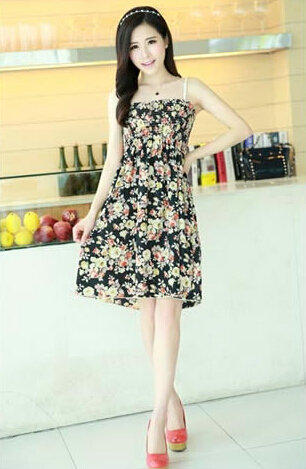 Cute Dresses Summer Girls Sleeveless Floral Short Sundresses - Black