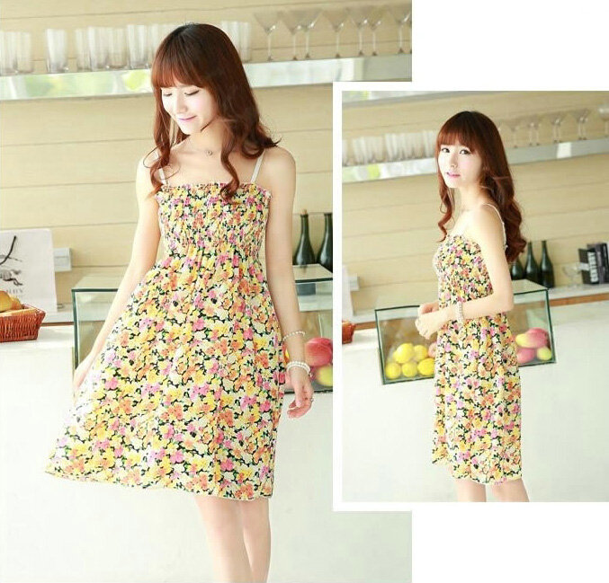 Cute Dresses Summer Girls Sleeveless Floral Short Sundresses - Yellow Pink