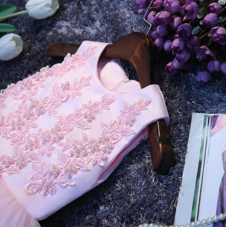 Cute Dresses Winter Flower Girls Bowknot Embroidery Cotton Wedding Party Dress - Pink