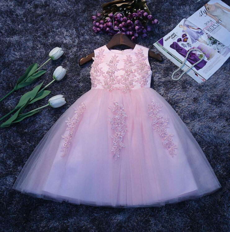 Cute Dresses Winter Flower Girls Bowknot Embroidery Cotton Wedding Party Dress - Pink
