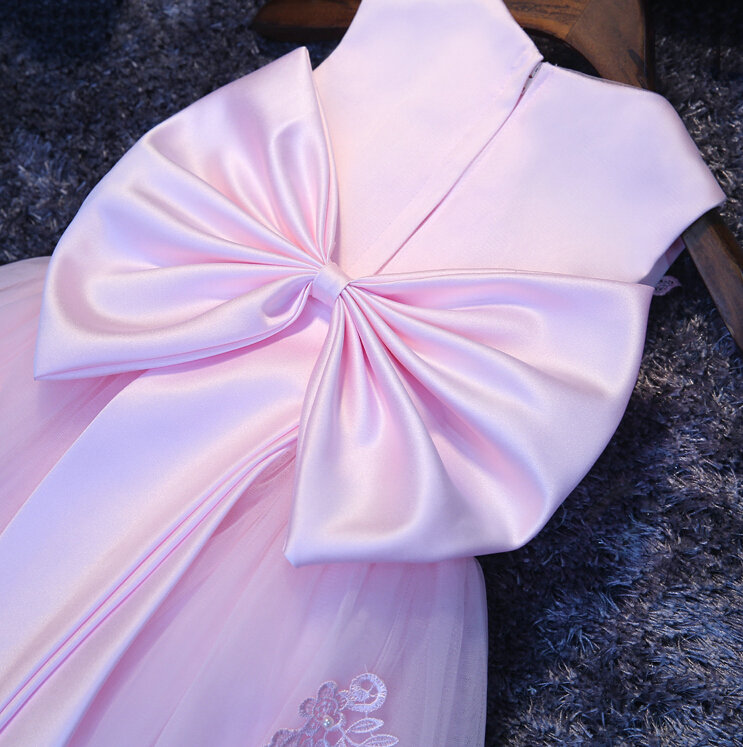 Cute Dresses Winter Flower Girls Bowknot Embroidery Cotton Wedding Party Dress - Pink