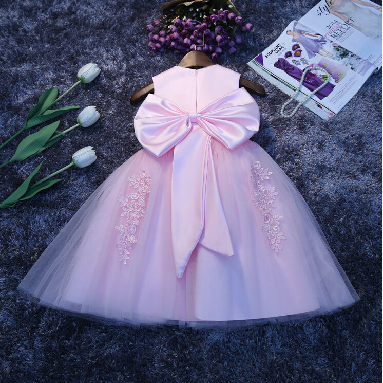 Cute Dresses Winter Flower Girls Bowknot Embroidery Cotton Wedding Party Dress - Pink
